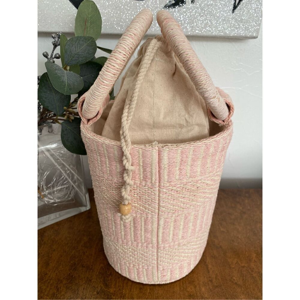 SIGRID OLSEN NWT Woven Pink & Cream Bucket Beach Bag Purse Tote - Picture 2 of 9